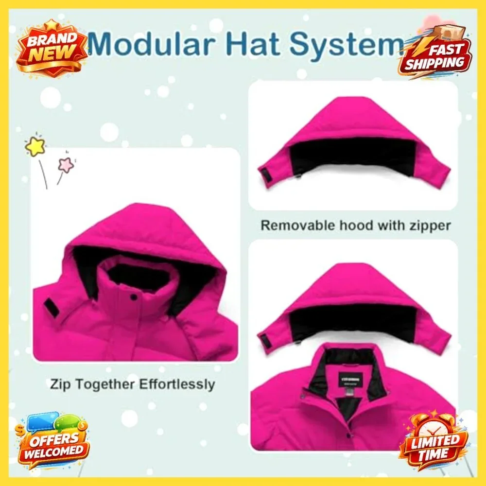 Girls Winter Puffer Jacket Waterproof Hooded Ski Coat Warm Fleece Lined